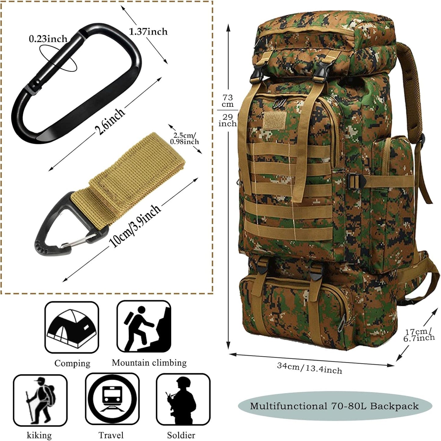 70L Hiking Backpack for Men, Waterproof Lightweight Camping Backpack, Military Rucksack with Molle