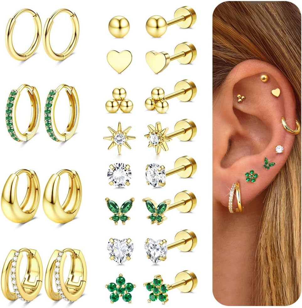 Jstyle Hypoallergenic Gold Stud Hoop Earrings for Women Men Surgical Stainless Steel Flat Back Earrings Small 14K Gold Huggie Hoops