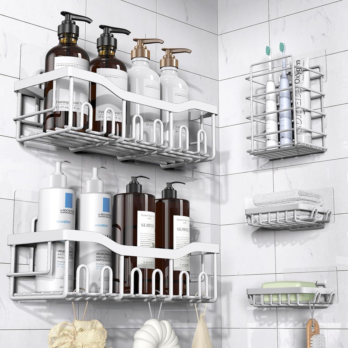 5-Pack Rustproof Stainless Steel Shower Caddy Set– No Drill  Bathroom Organizer