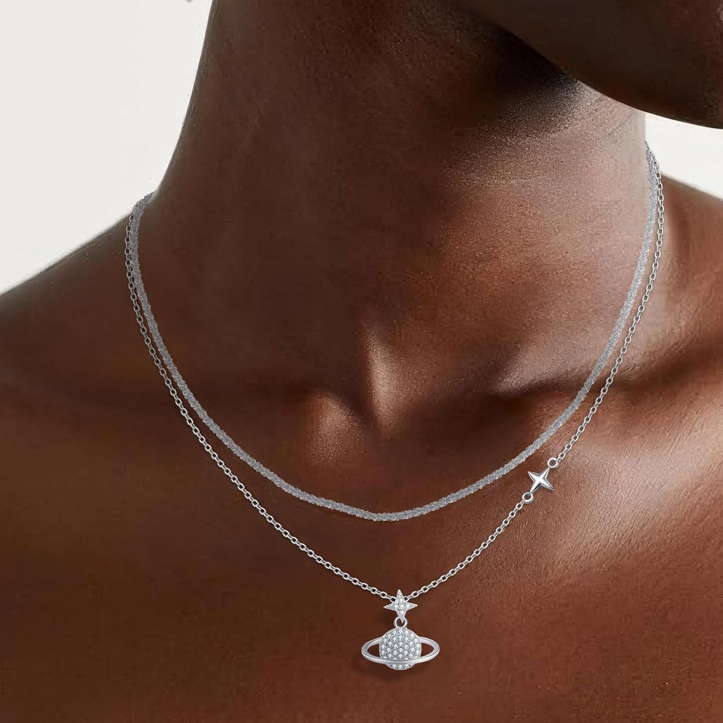 14K Gold & Platinum Plated Double Layer Pendant Necklace, Fashionable Layered Jewelry for Women