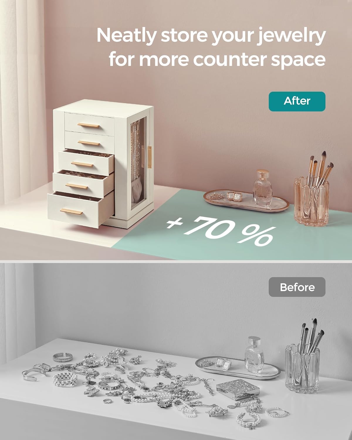 360° Rotating, Jewelry Storage Case with 5 Drawers, Jewelry Organizer, Glass Window