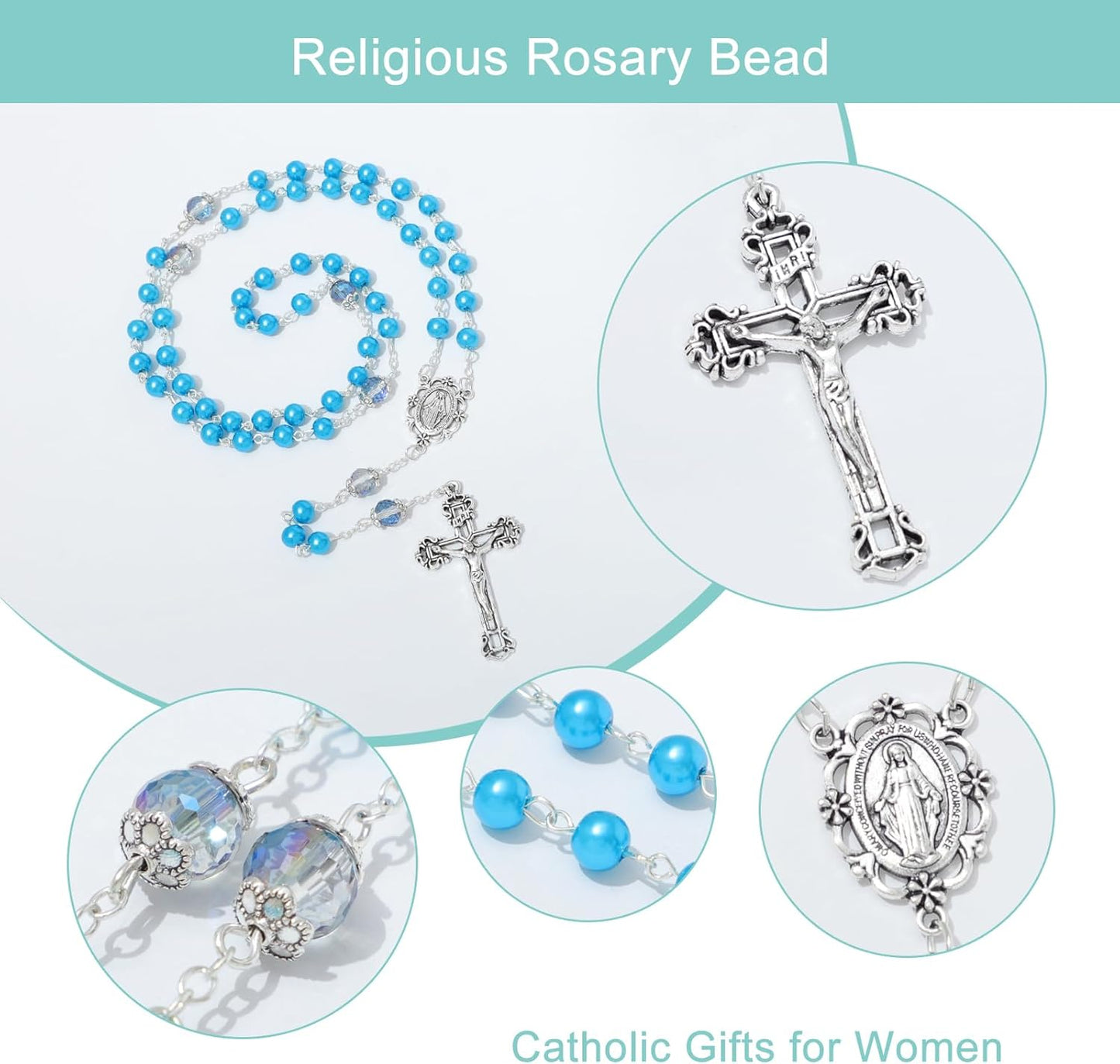 6mm Pearl Rosary Beads With Crucifix - Women's Catholic Prayer Necklace, Gift Box & Pouch Included
