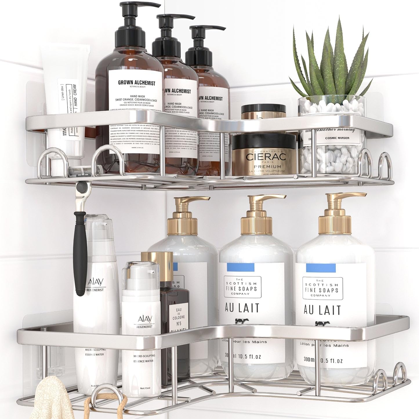 Corner Shower Caddy - 2 Pack, Adhesive Shower Organizers,  with 8 Hooks, No Drilling