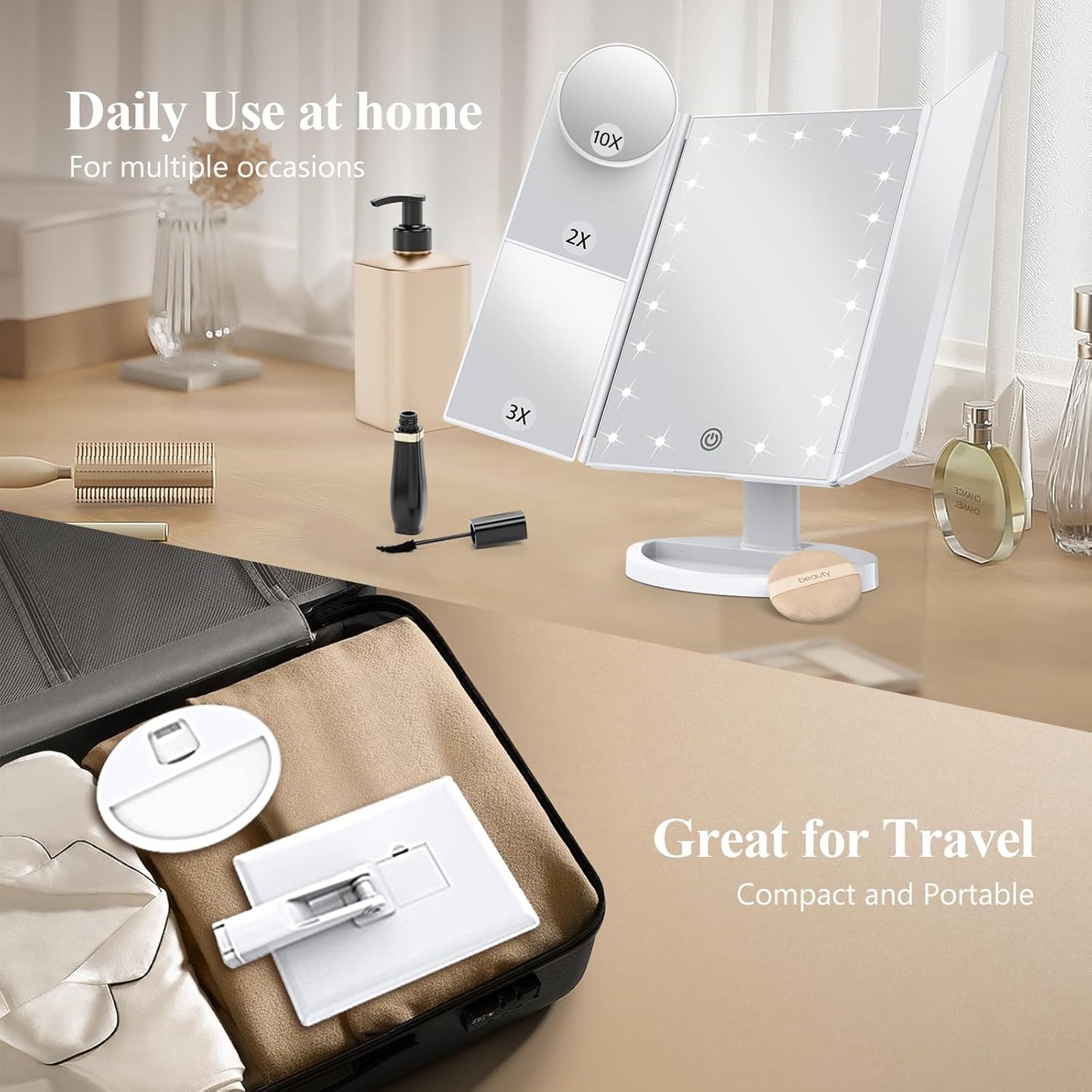 Makeup Mirror Vanity Mirror with Lights, 2X, 3X, 10X Magnification, Touch Control, Trifold, Modern Style