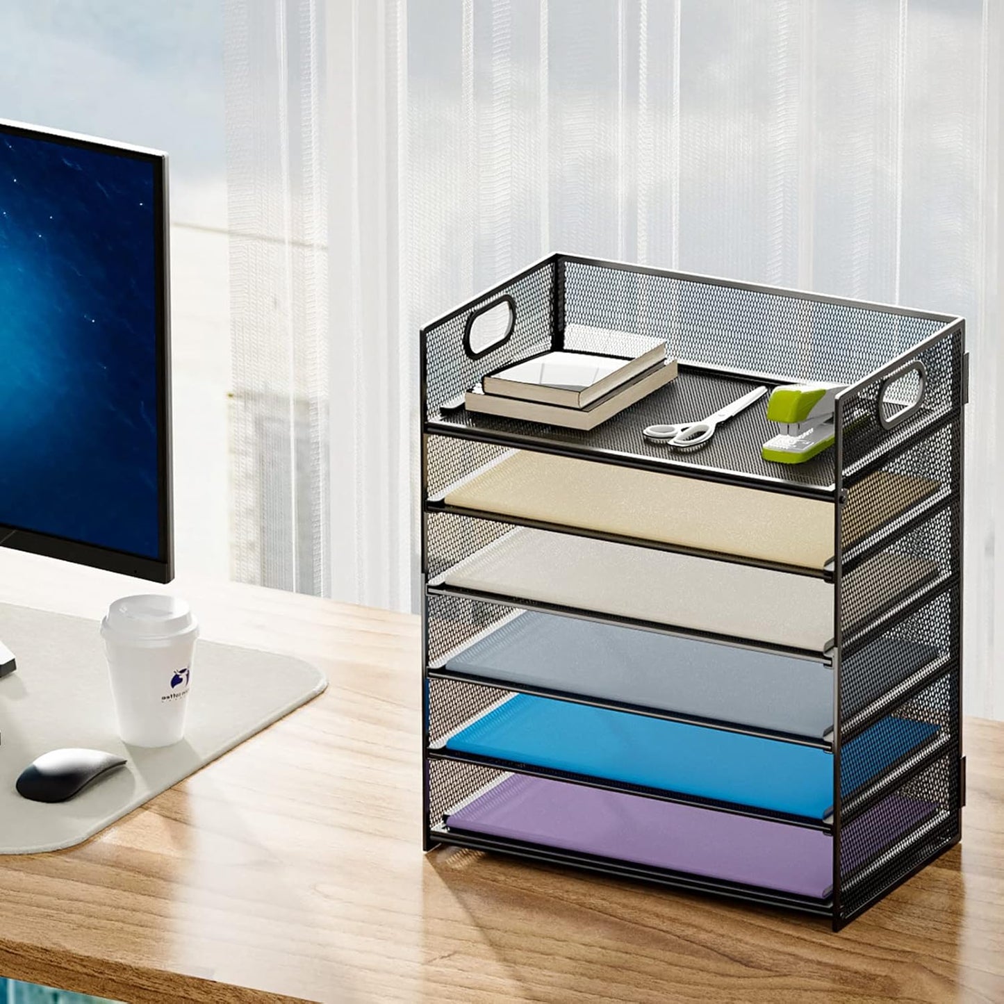 6 Tier Paper Organizer Letter Tray - Mesh Desk File Organizer with Handle