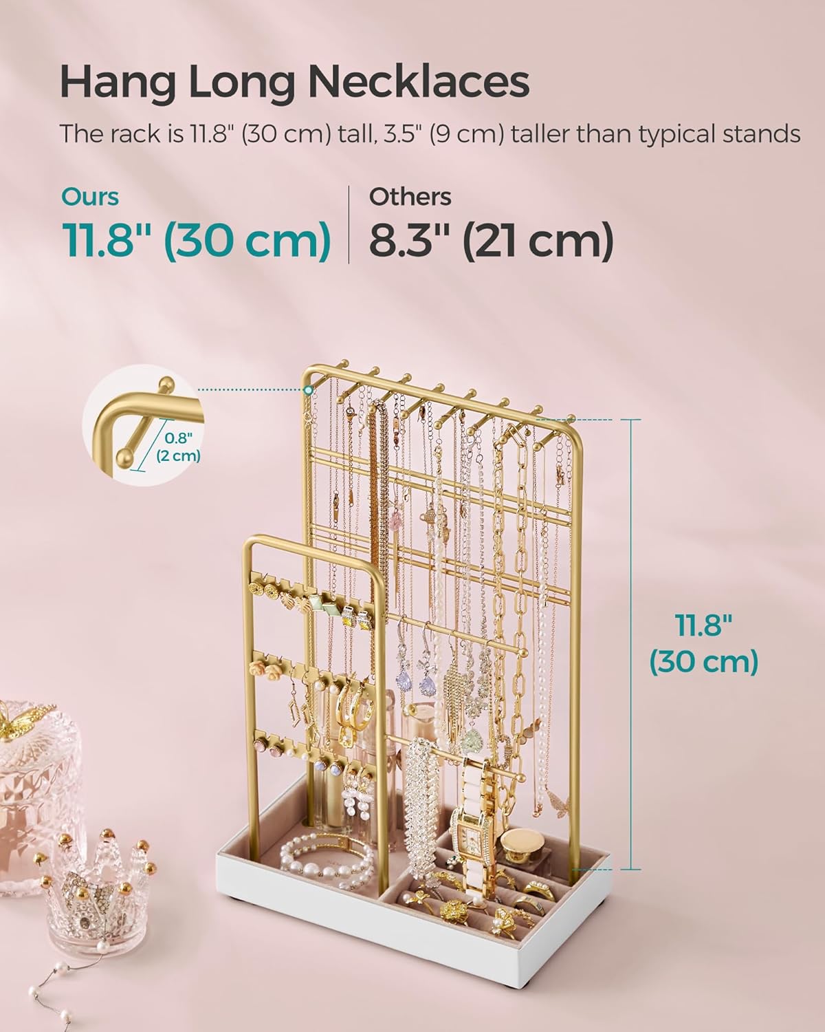 Jewelry Holder, Jewelry Organizer, Jewelry Display Stand with Metal Frame, Necklace Earring Bracelet Holder, for Studs, Rings