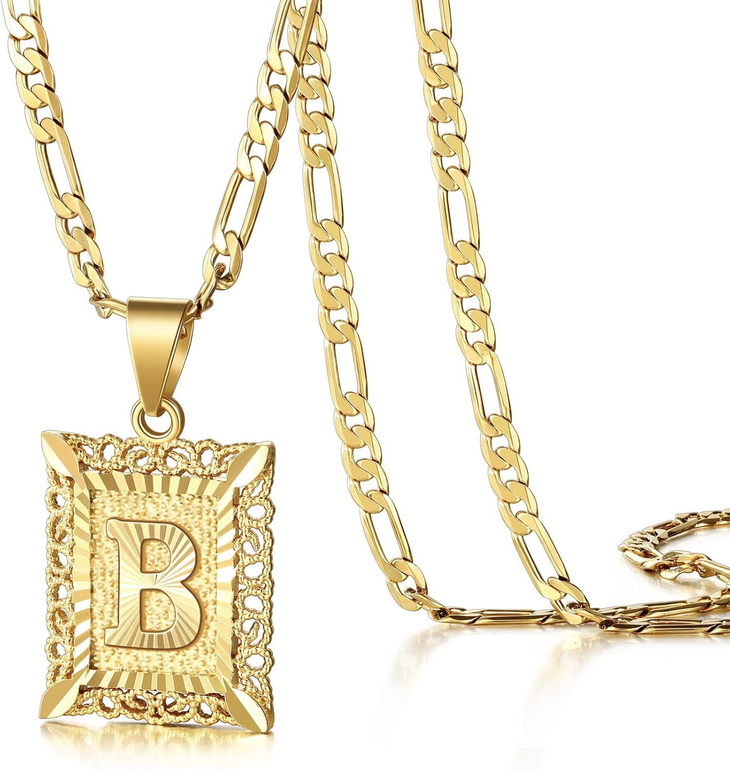Custom Initial Necklace - 14K Gold Plated Monogram Pendant on Figaro Chain for Women & Men