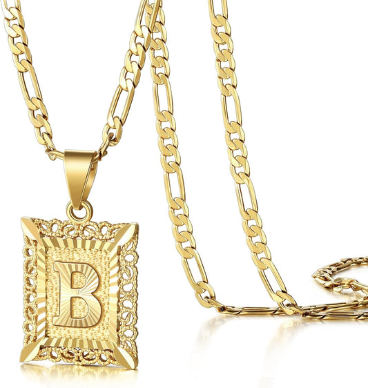 Custom Initial Necklace - 14K Gold Plated Monogram Pendant on Figaro Chain for Women & Men