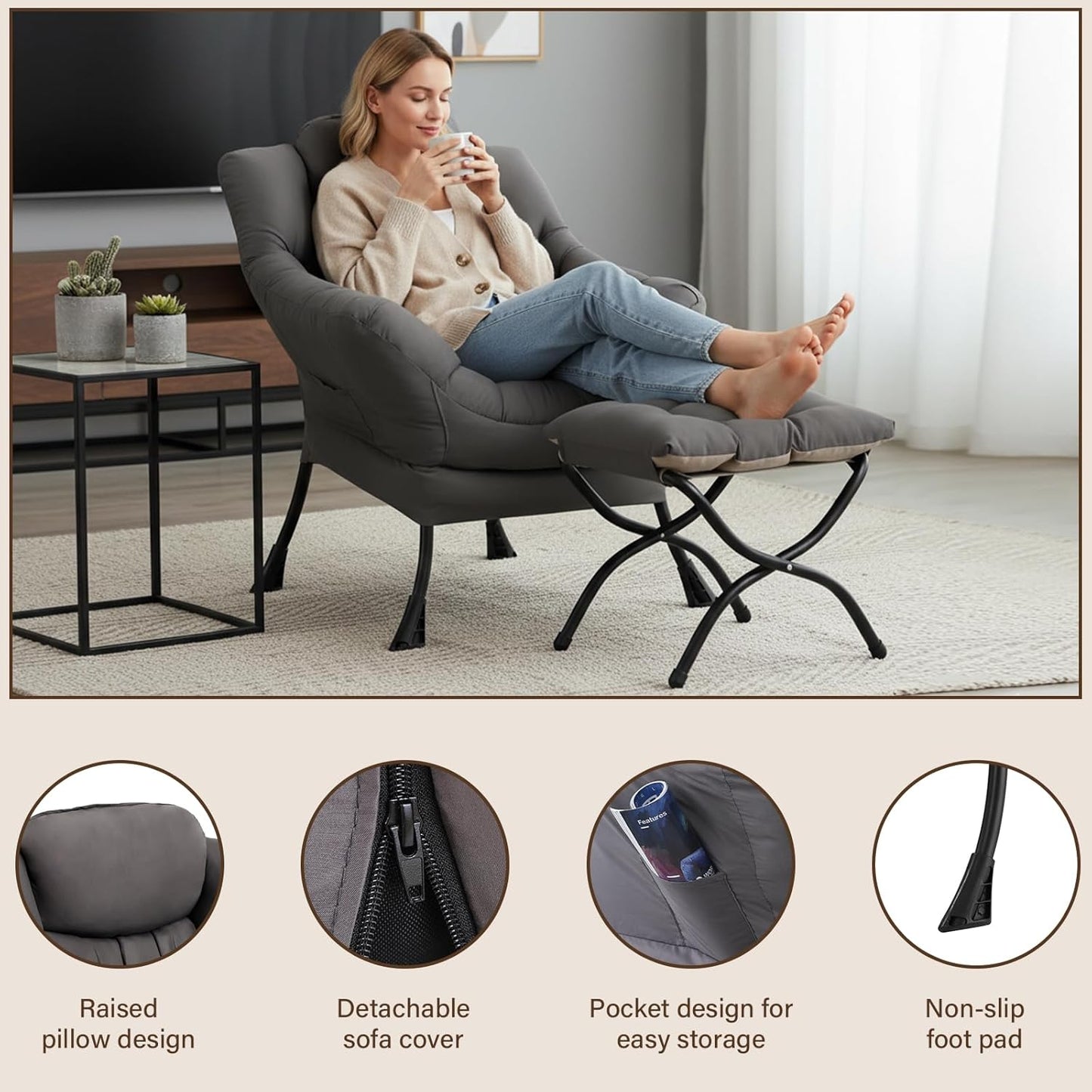 Lazy Lounge Chair with Ottoman and Side Pocket - Modern Accent Armchair with Armrests, Reading and Space Relaxation