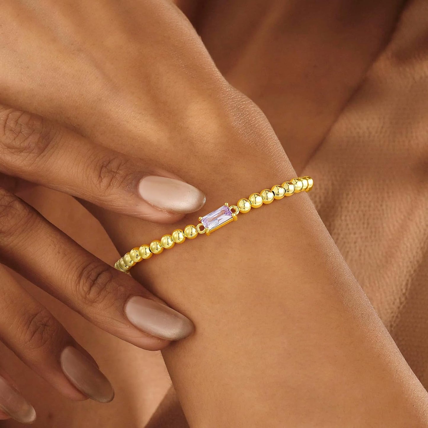 Dainty Birthstone Bracelet for Women - Elastic 14K Gold Plated Bead Bracelets Trendy Friendship Birthday Jewelry Gifts for Women