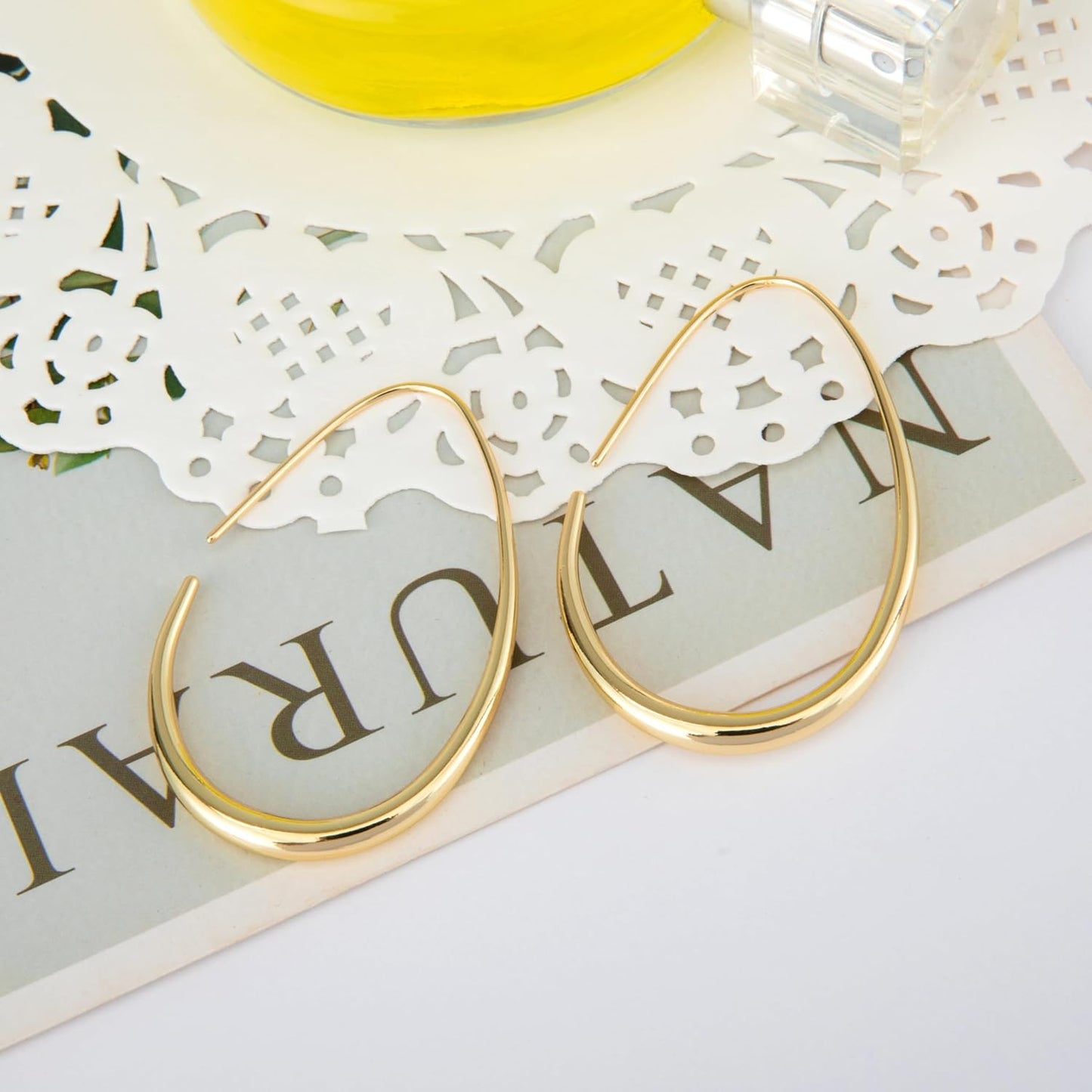 Lightweight Teardrop Hoop Earrings for Women - 14k Gold/White Gold Plated Large Oval Pull Through Hoop Earrings High