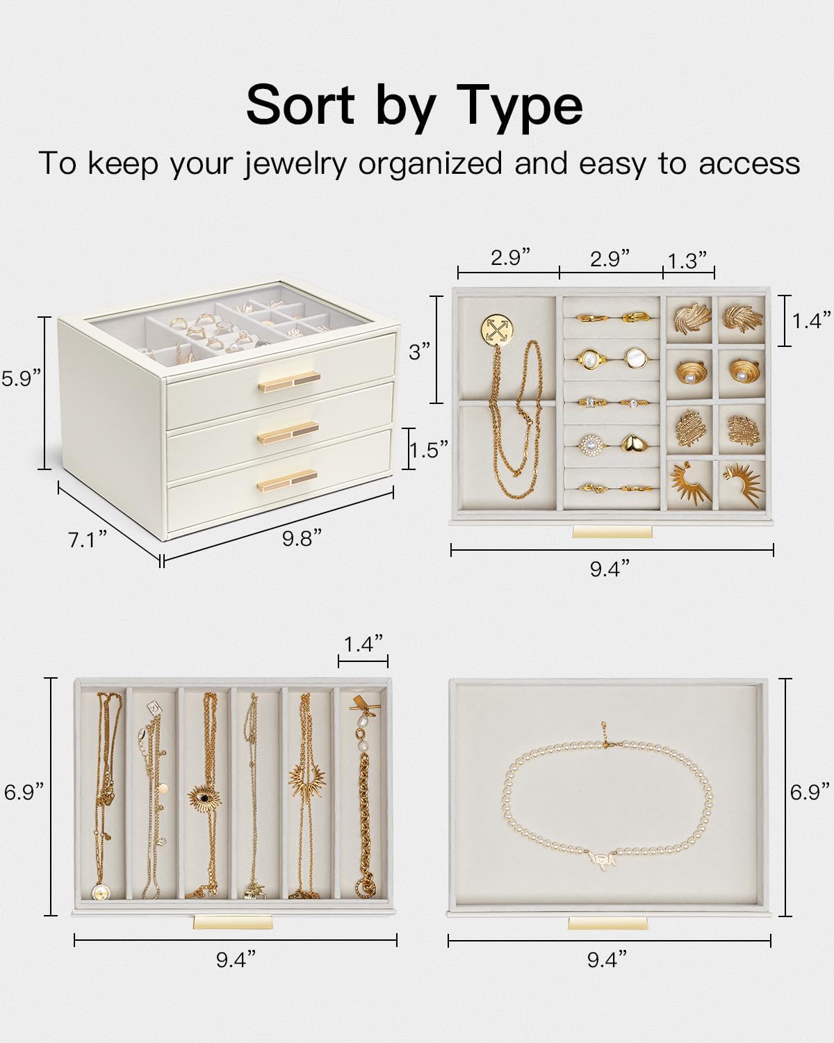 Jewelry Box for Women, Glass Lid Jewelry Organizer with 3 Drawers for Necklaces Rings Earrings Bracelets-Mother Cloud White