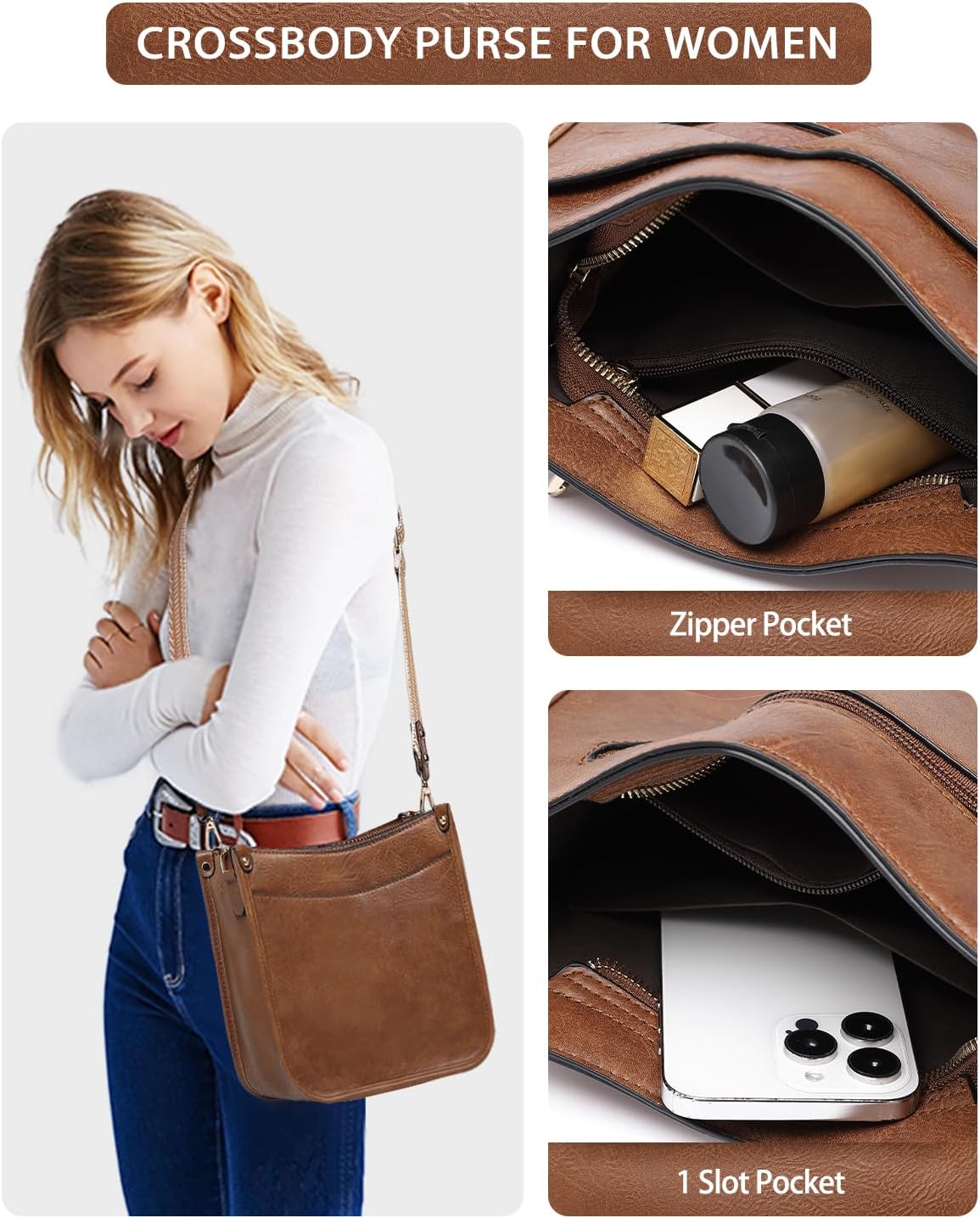 3PCS Crossbody Bags Set Large Leather Purse Shoulder Handbags with Wallet Adjustable Straps