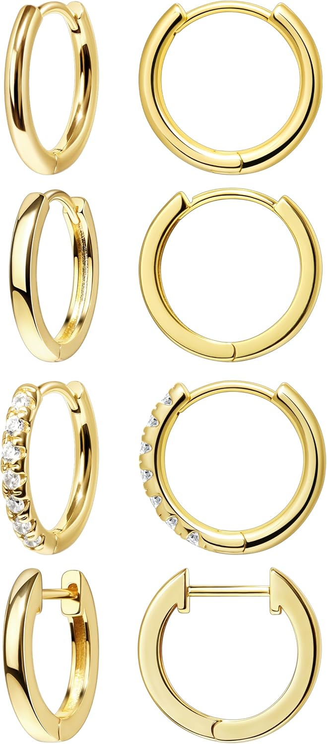 Small Gold Huggie Hoop Earrings Set for Women Men Hypoallergenic 14K Plated Stack Cartilage Earrings, Multiple Piercing