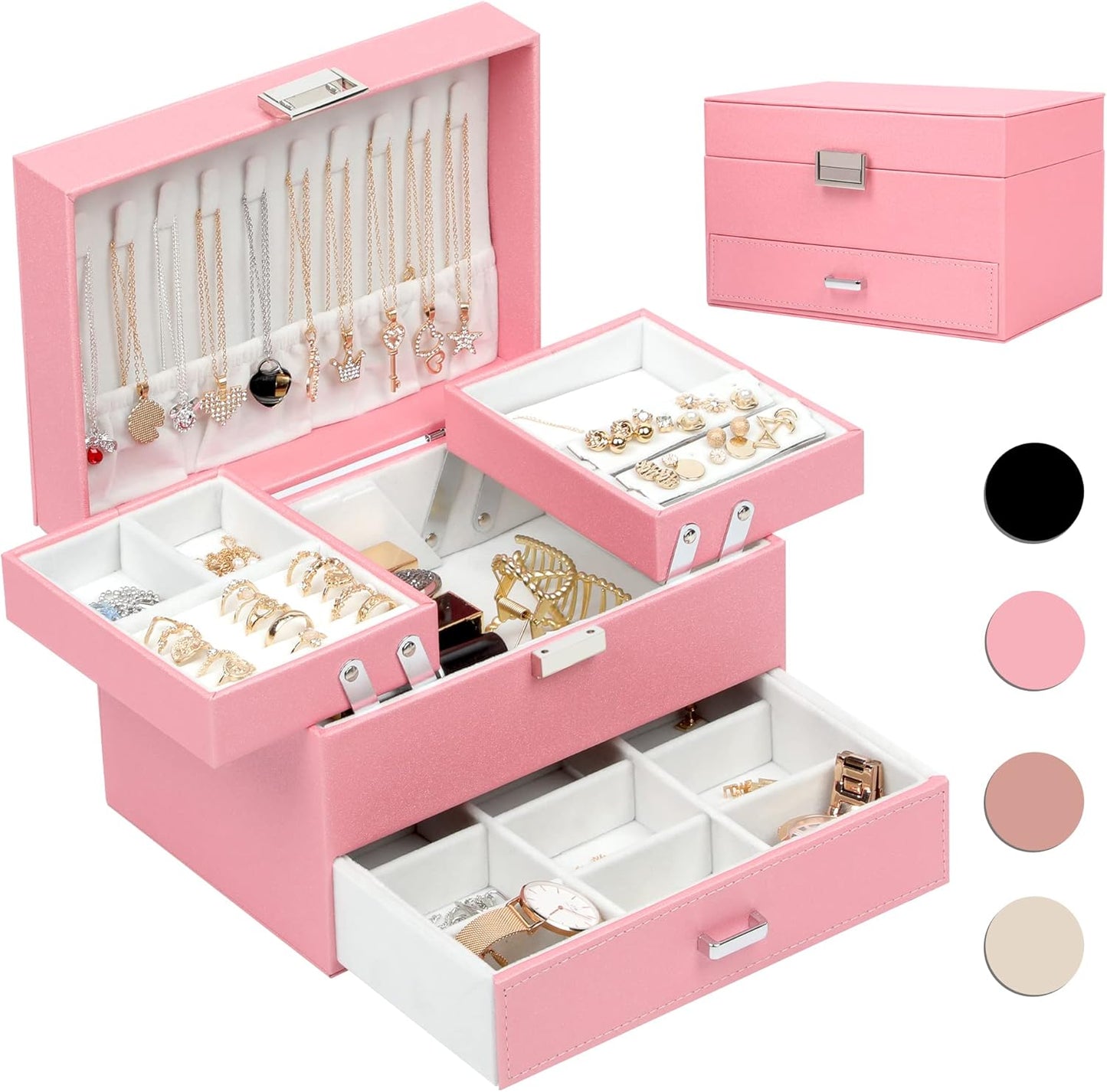 Jewelry Boxes for Women Girls, 3 Layers Jewelry Storage Organizer for Earring, Ring, Necklace, Bracelets