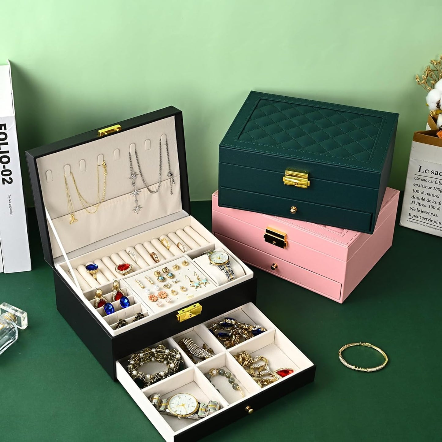 Jewelry Box - Large PU Leather Jewelry Organizer Storage Case with Two Layers Display