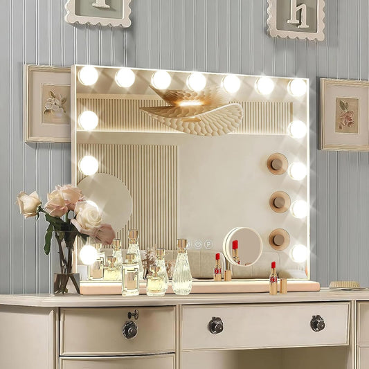 Vanity Mirror with Lights, 15 Dimmable Bulbs, 3 Color Lights,Make Up Lighted Mirror,  USB Charging Port