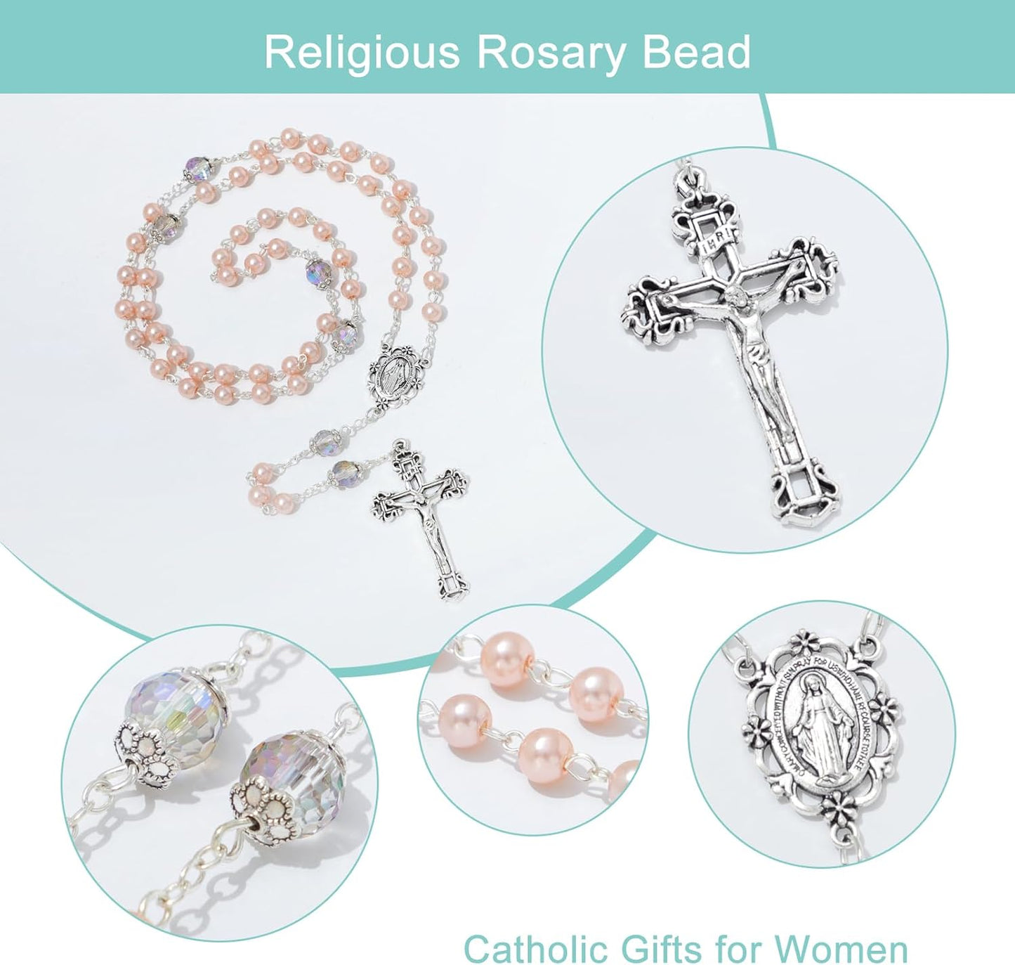 6mm Pearl Rosary Beads With Crucifix - Women's Catholic Prayer Necklace, Gift Box & Pouch Included