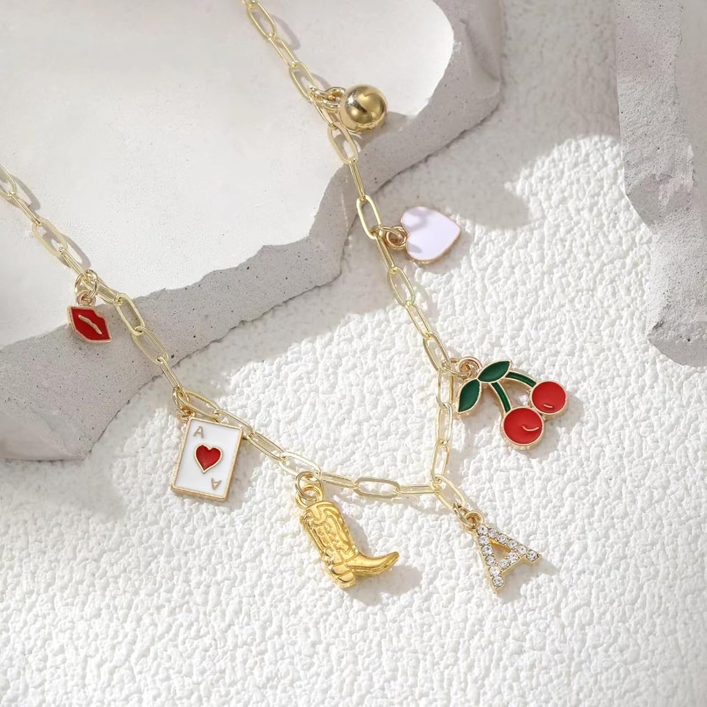 Initial Cowgirl Charm Necklaces for Women,14K Gold Plated Dainty Western Cherry Heart Necklace Beach Choker Personalized Monogram Name Necklace