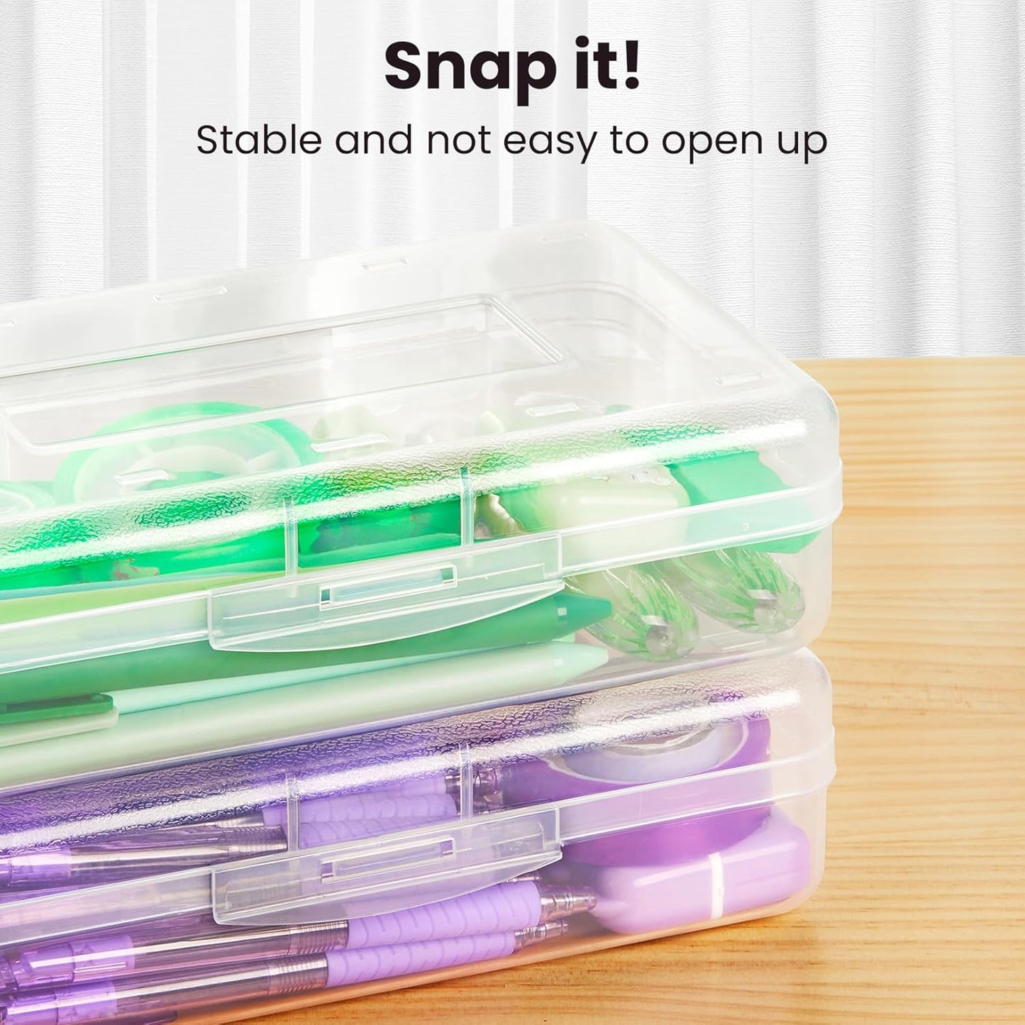 OMOMMD Plastic Pencil Case Box 6 Pack, Large Crayon Maker Pen Organizer, Plastic Containers with Snap Lids, Stackable Craft Storage Boxes Bulk, School Supplies Art Box for Bead, Clear