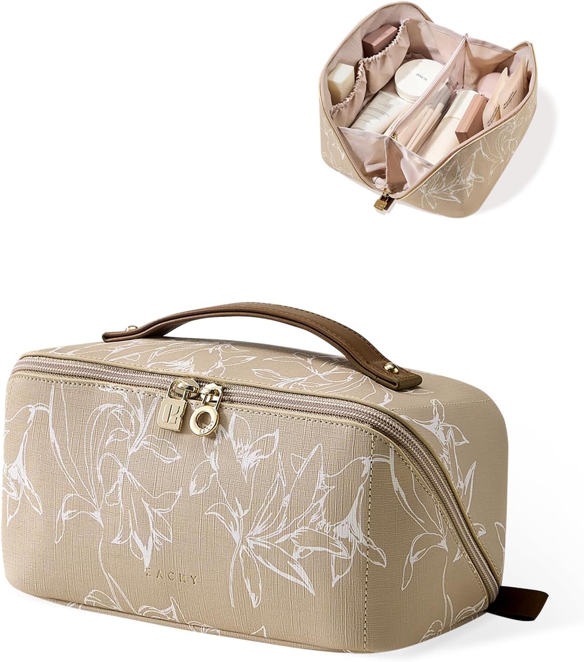 Travel Makeup Bag, Large Capacity Cosmetic Bags for Women, Waterproof Portable Pouch Open Flat Toiletry Bag Pattern Make up Bag (F-Beige)