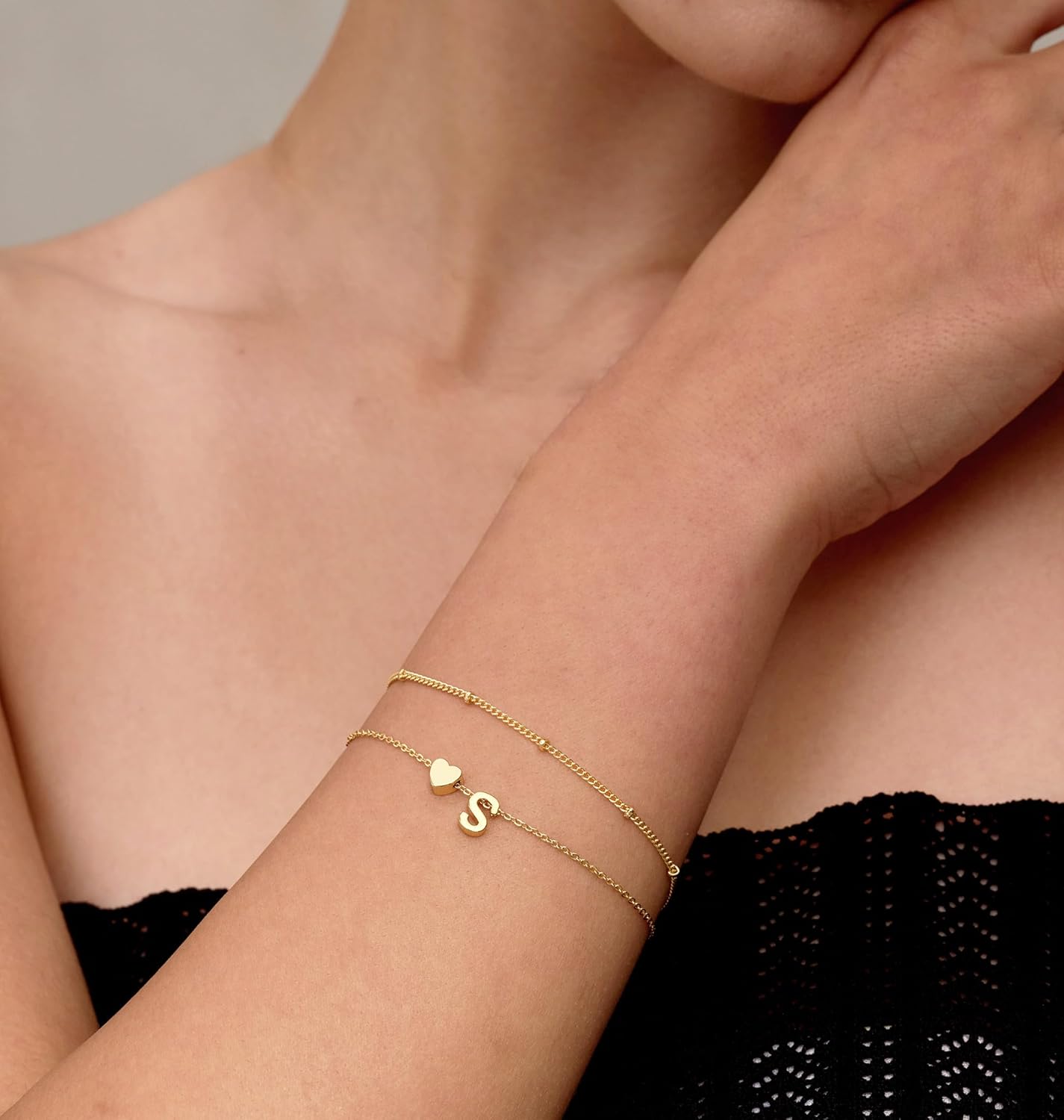 Dainty Initial Heart Gold Bracelets for Women Trendy, 14K Real Gold Letter Charm Bracelet Jewelry