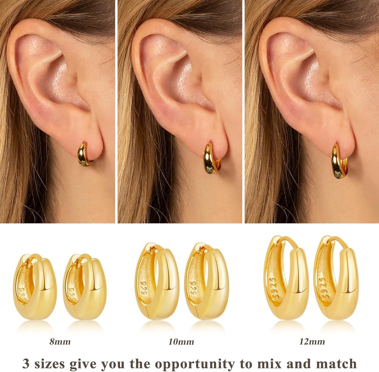 Small Sterling Silver Huggie Hoop Earrings Set for Women, 14K Gold Plated Hoops Stacks for Multiple Piercings