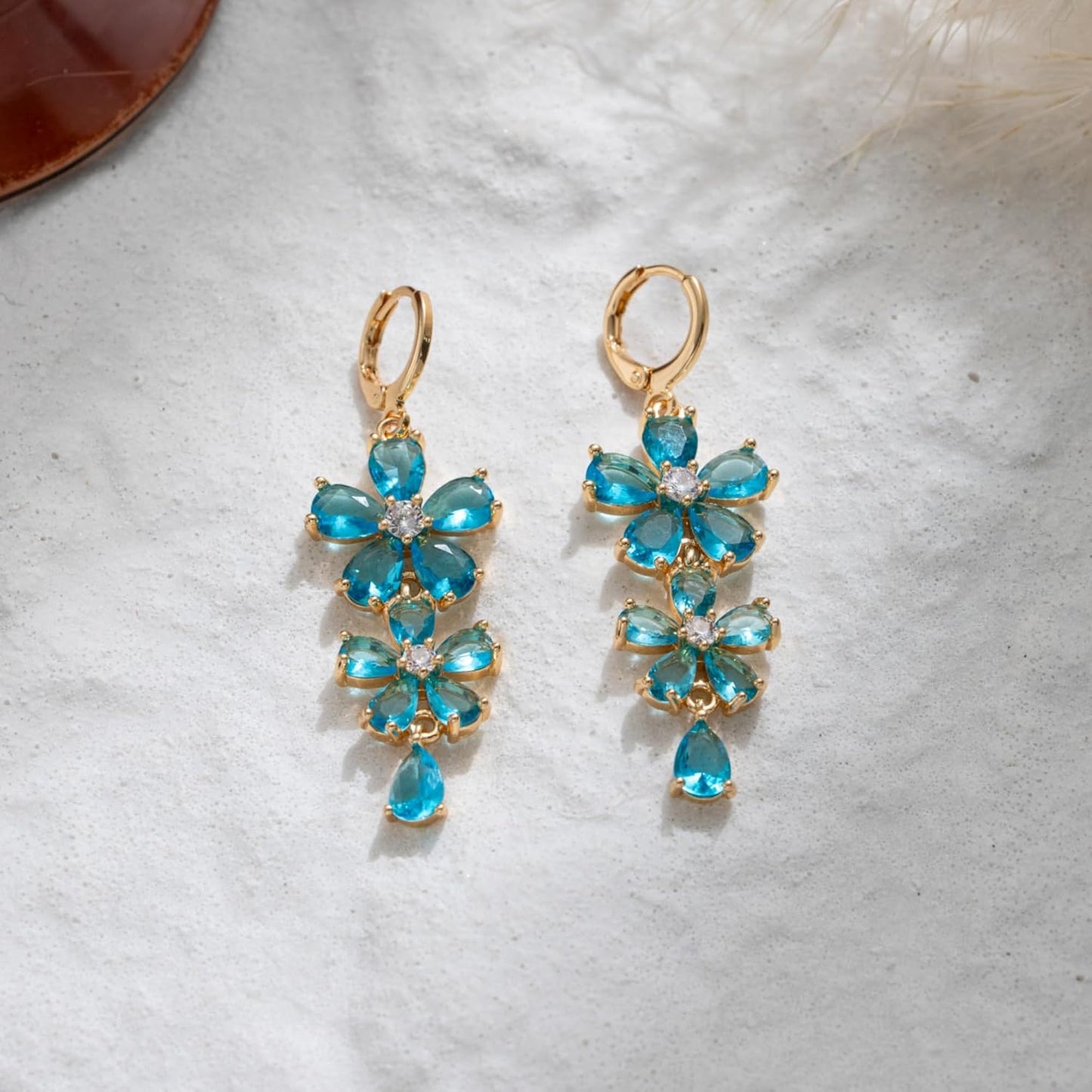 Vuskdtei18K Gold Plated Flower Dangle Earrings for Women, Hypoallergenic Cubic Zirconia Earrings, Elegant Chandelier Drop Earrings