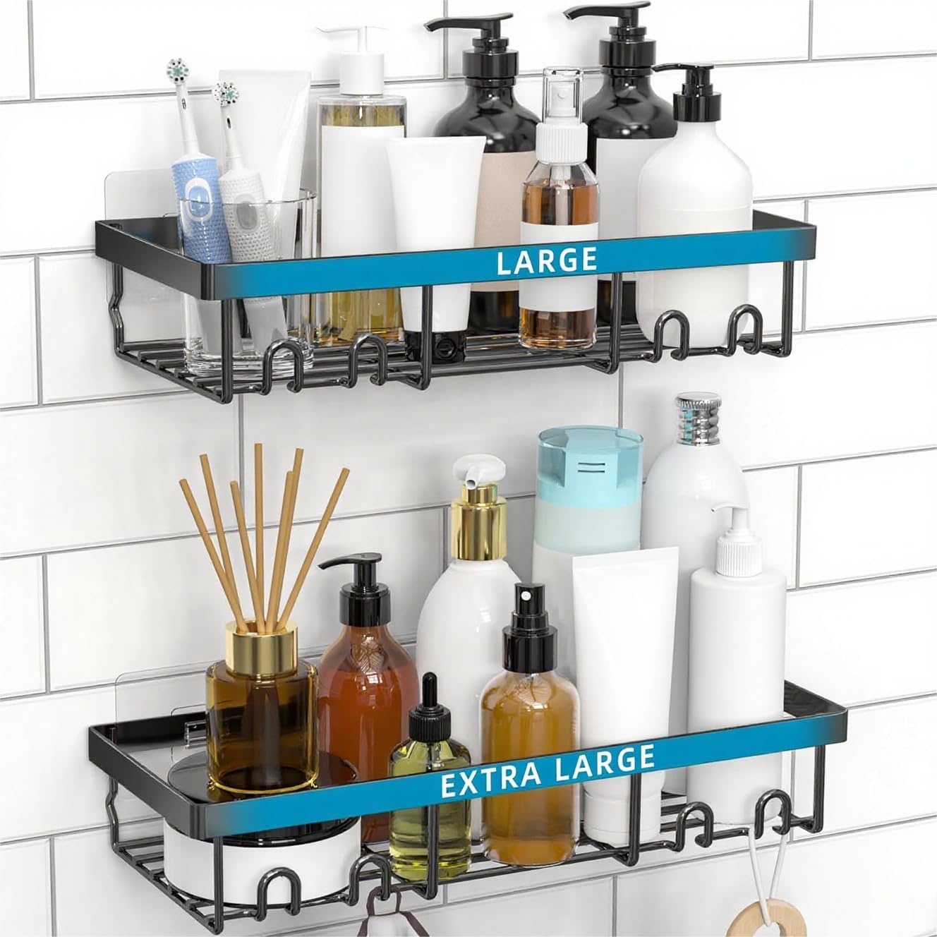 Large Shower Caddy Shelf Organizer Rack, Self Adhesive Black Bathroom Shelves Basket, Organization Storage