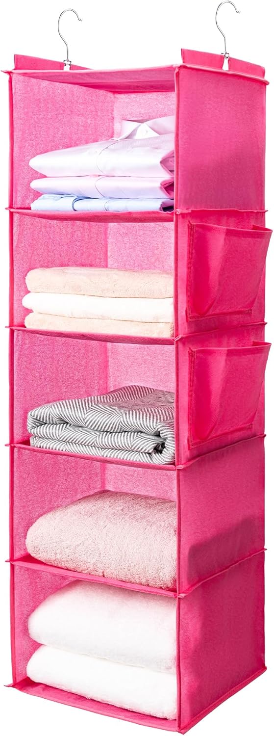 Hanging Closet Organize and Shelves，5-Hanging Shelf with 2 Side Pockets，Storage Foldable