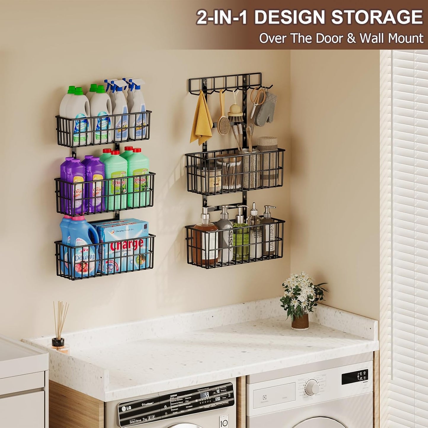 Adjustable Over The Door Organizer, Metal Hanging Door Organizer with 5 Wire Basket 7 Hooks