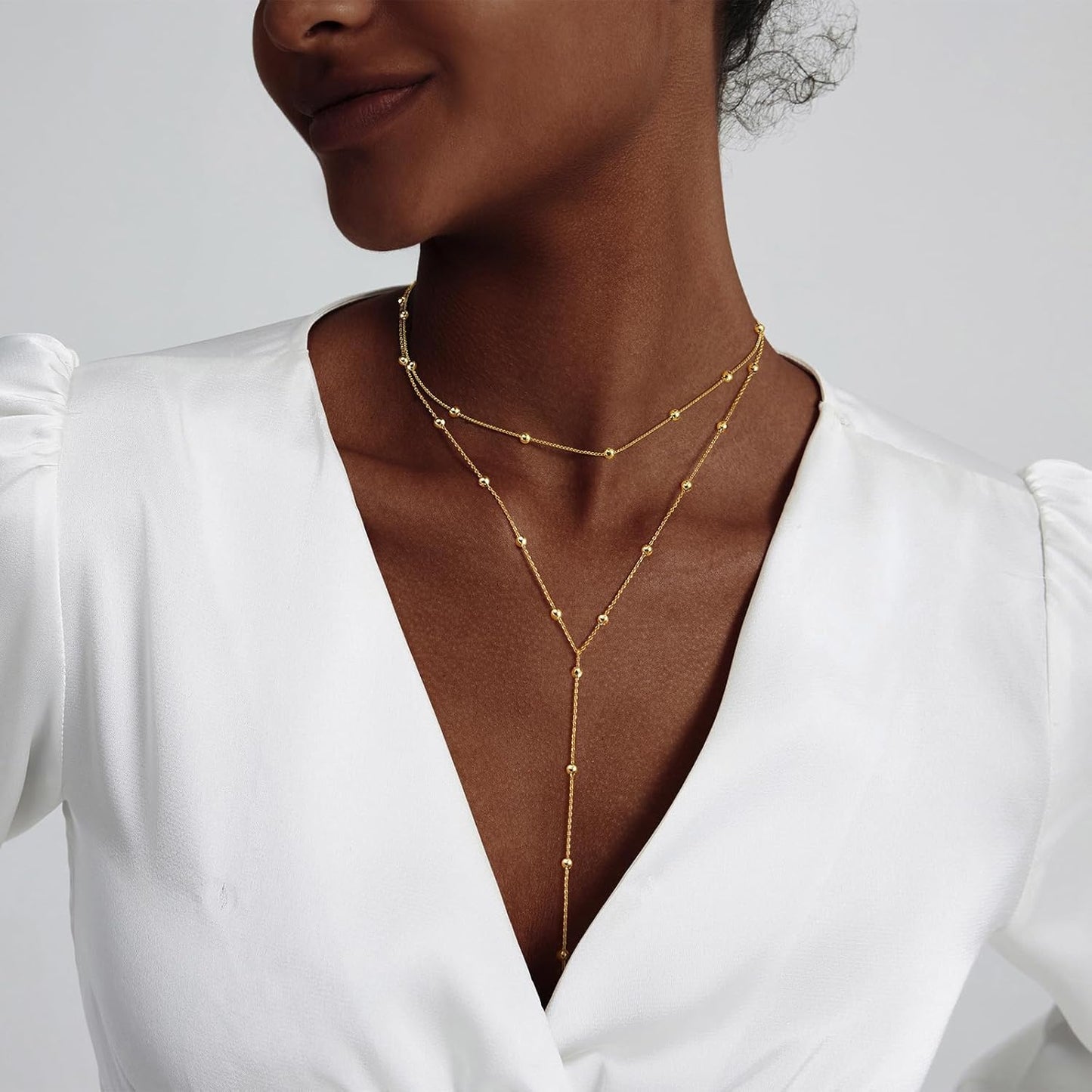 Adjustable Y-Lariat Necklace | 14K Gold/Silver Dainty Beaded Drop Chain - Boho Jewelry Gift for Her