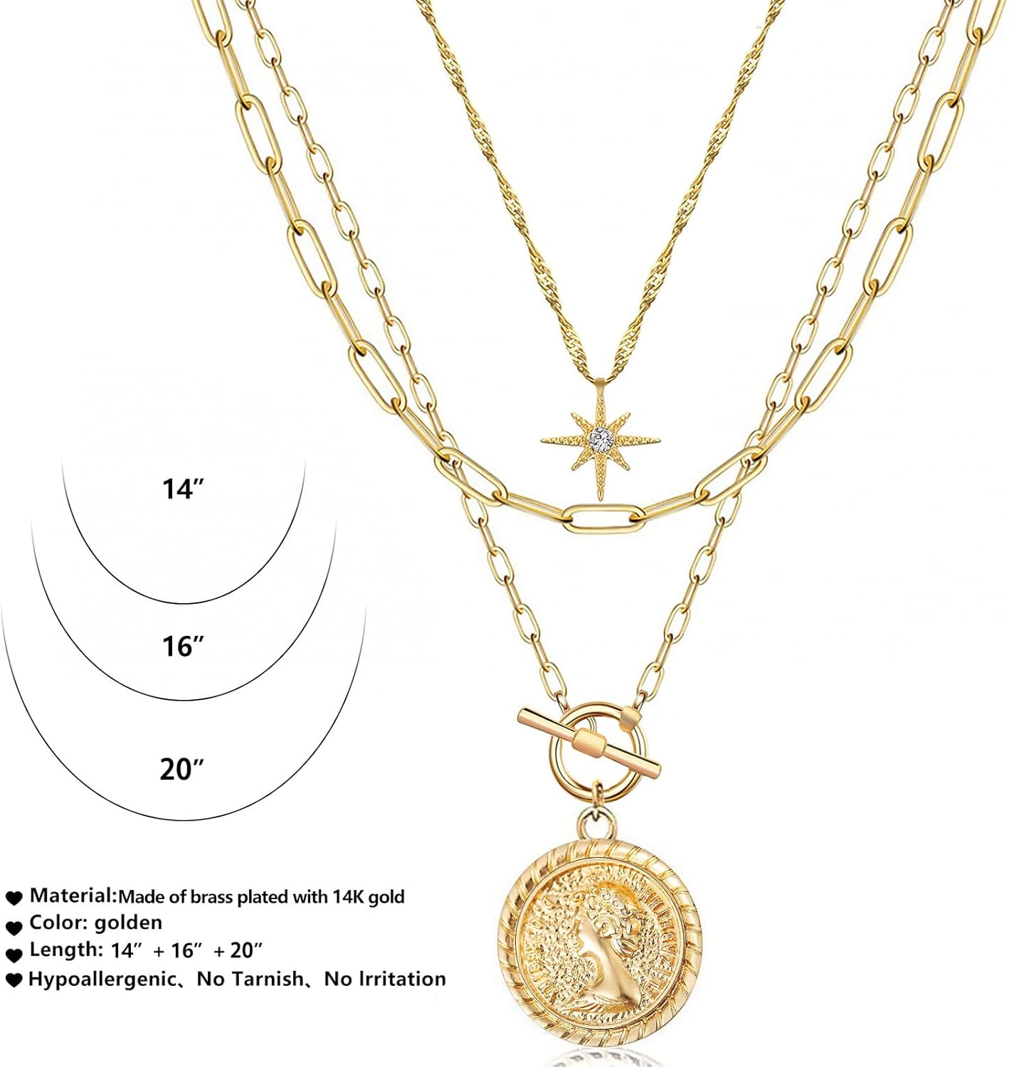 Layered Star & Coin Necklace - 14K Gold Plated Paperclip Choker for Women, Retro Gift