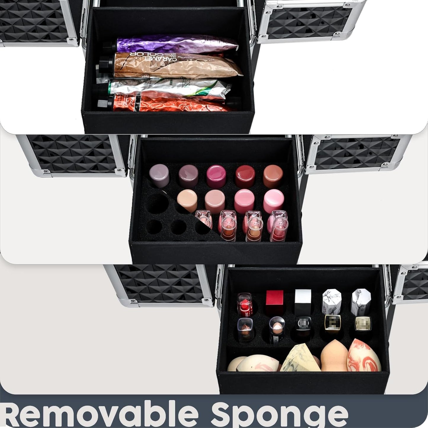 Rolling Makeup Case Cosmetic Travel Trolley Storage Sliding Drawer 4 Tray Makeup Travel Case