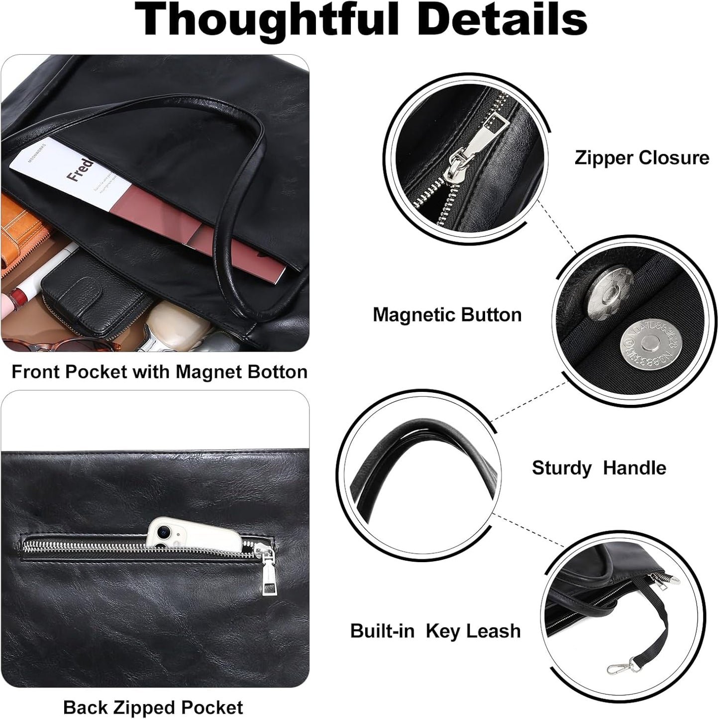 Large Tote Bag for Women Work with Zipper 16L Vegan Leather Ladies Travel Purses and Handbags