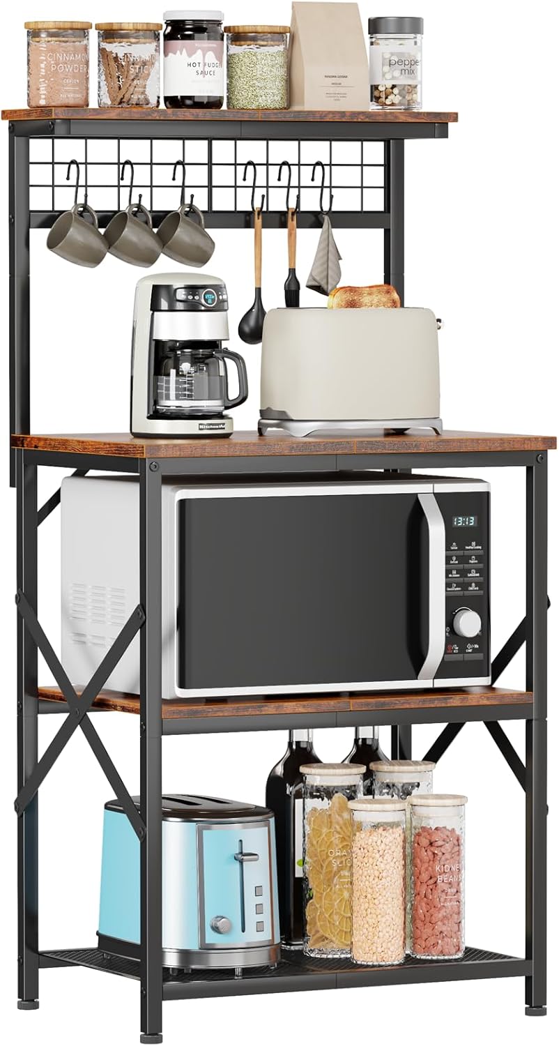 Bakers Rack, Microwave Stand with Storage 4 Tiers, Coffee Bar Station with 6 S Hooks and Pegboard