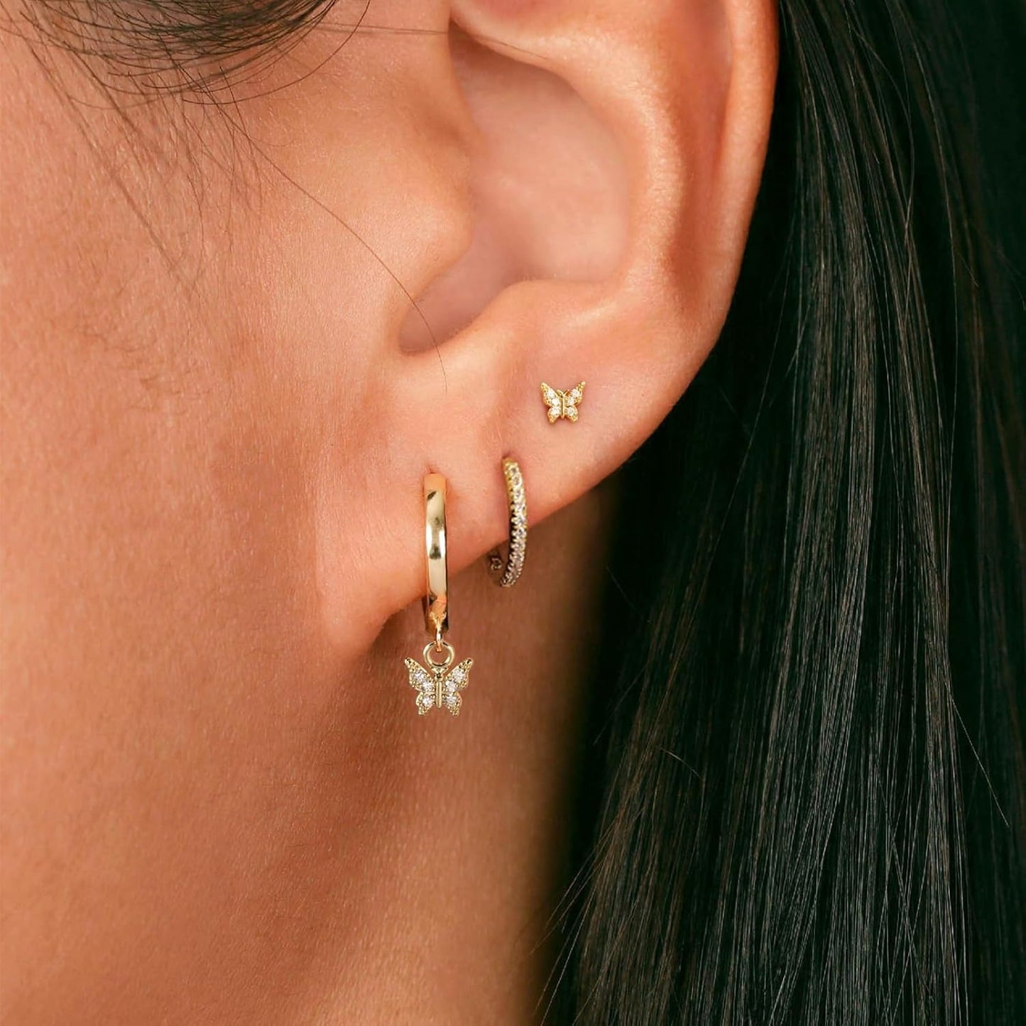 3 Pairs Small Gold Hoop Earring, 14K Gold Plated Earring Stacks Butterfly Heart Star Moon Bow Four Leaf Rhombus Round CZ Pearl