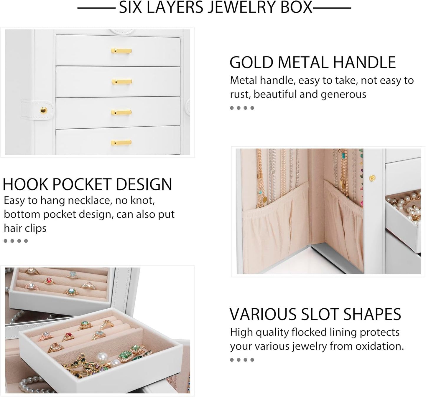 6-Tier Jewelry Box Organizer with 5 Drawers Leather Jewelry Storage Case for Women Girls Holder Organizer with Mirror