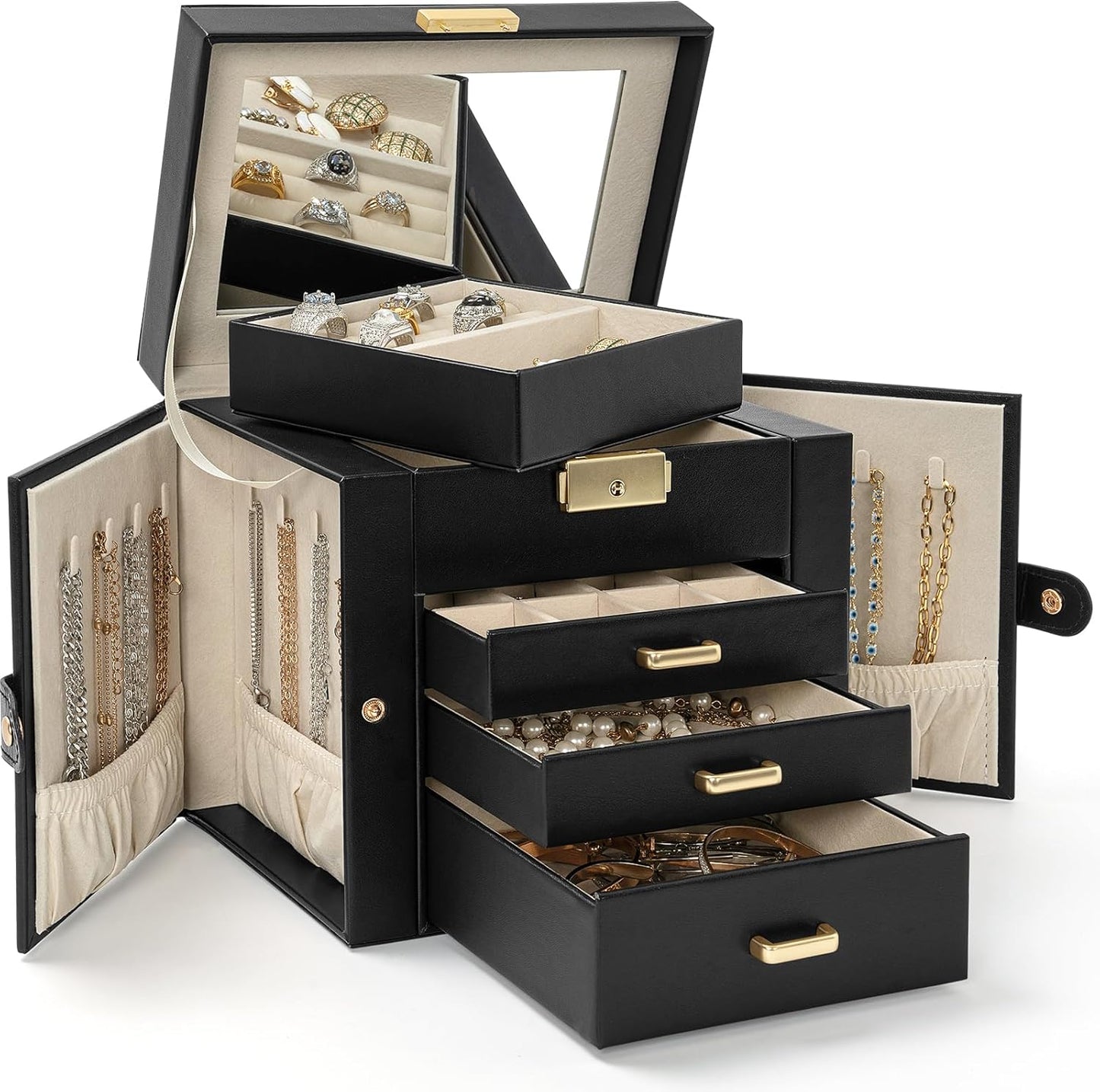 4-Tier Jewelry Box Leather Jewelry Storage Organizer with 3 Drawers Lockable