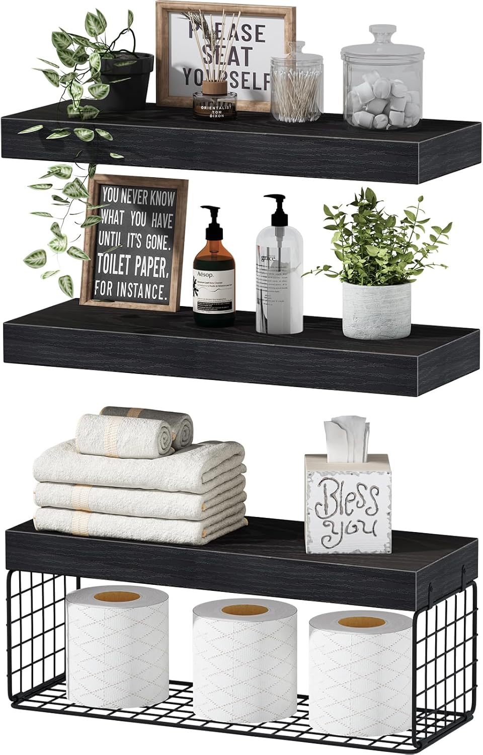 Bathroom Shelves Over Toilet - Wall Mounted Floating Shelves  16 inch Set of 3