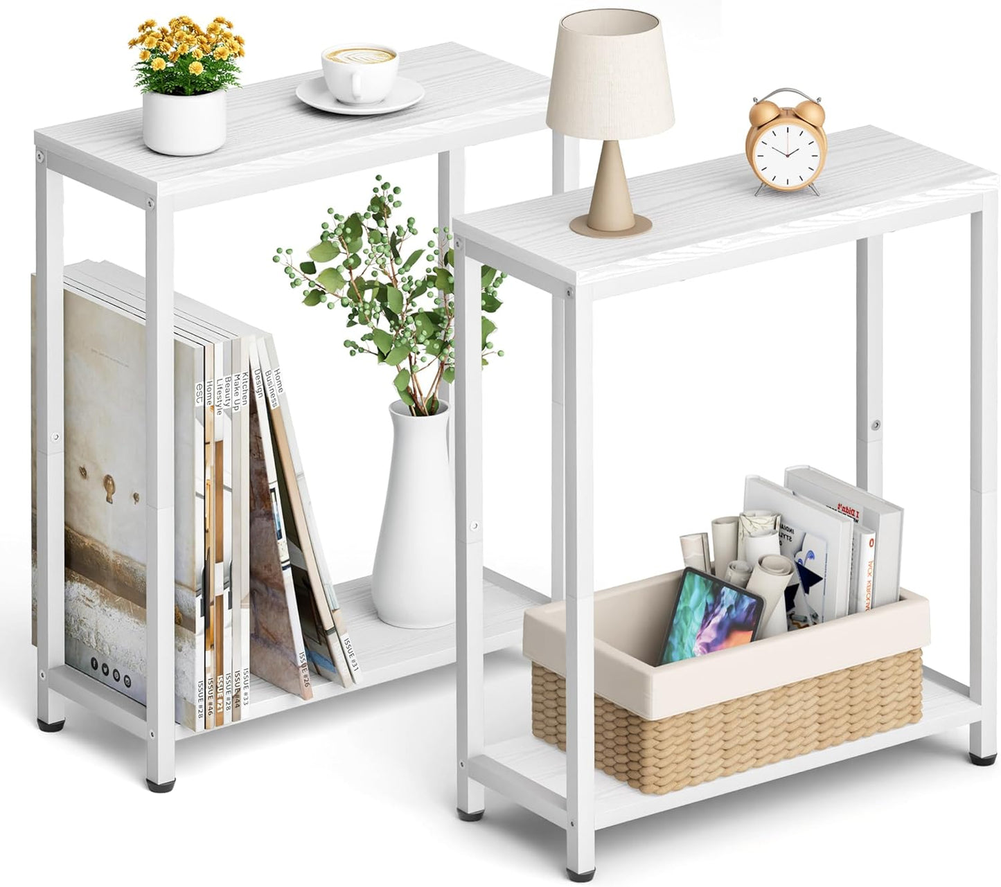 Narrow End Tables Living Room Set of 2 Small Side Table for Small Space, 2 Tier Slim Skinny Night Stand