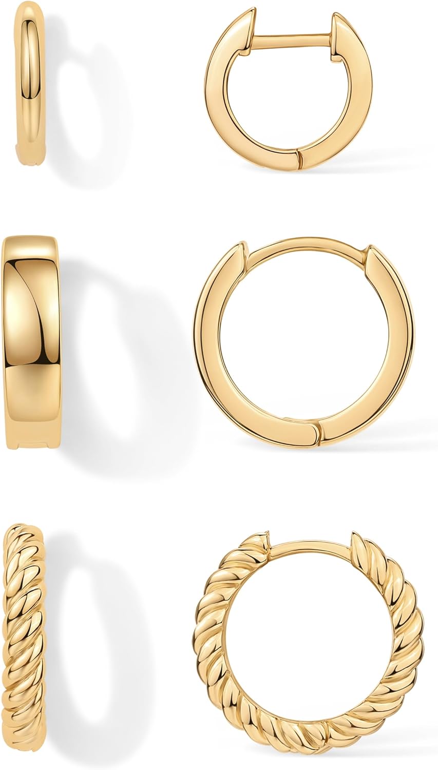14K-18K Yellow Gold Plated Sterling Silver Posts Three Pairs Small Hoop Earrings for Women - Statement Gold Hoop Earrings Set