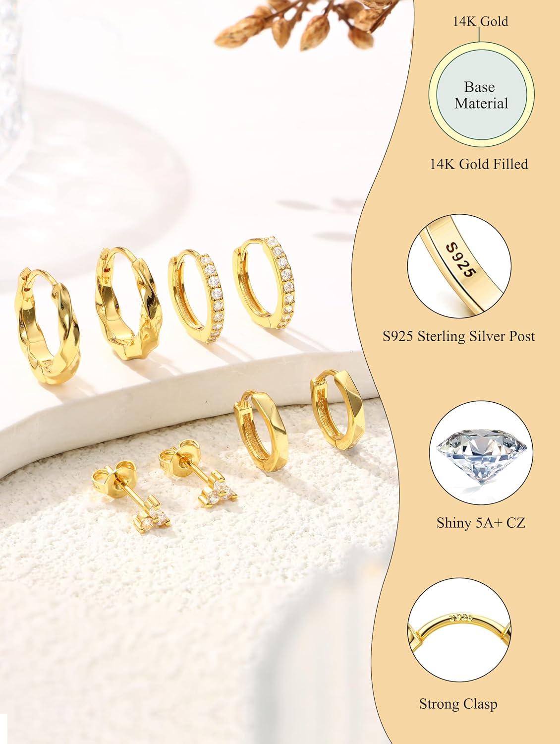 Hypoallergenic Gold Hoop Earrings for Women S925 Sterling Silver Post Chunky Cartilage Earring Stacks Non Tarnish 14K Gold Filled Small