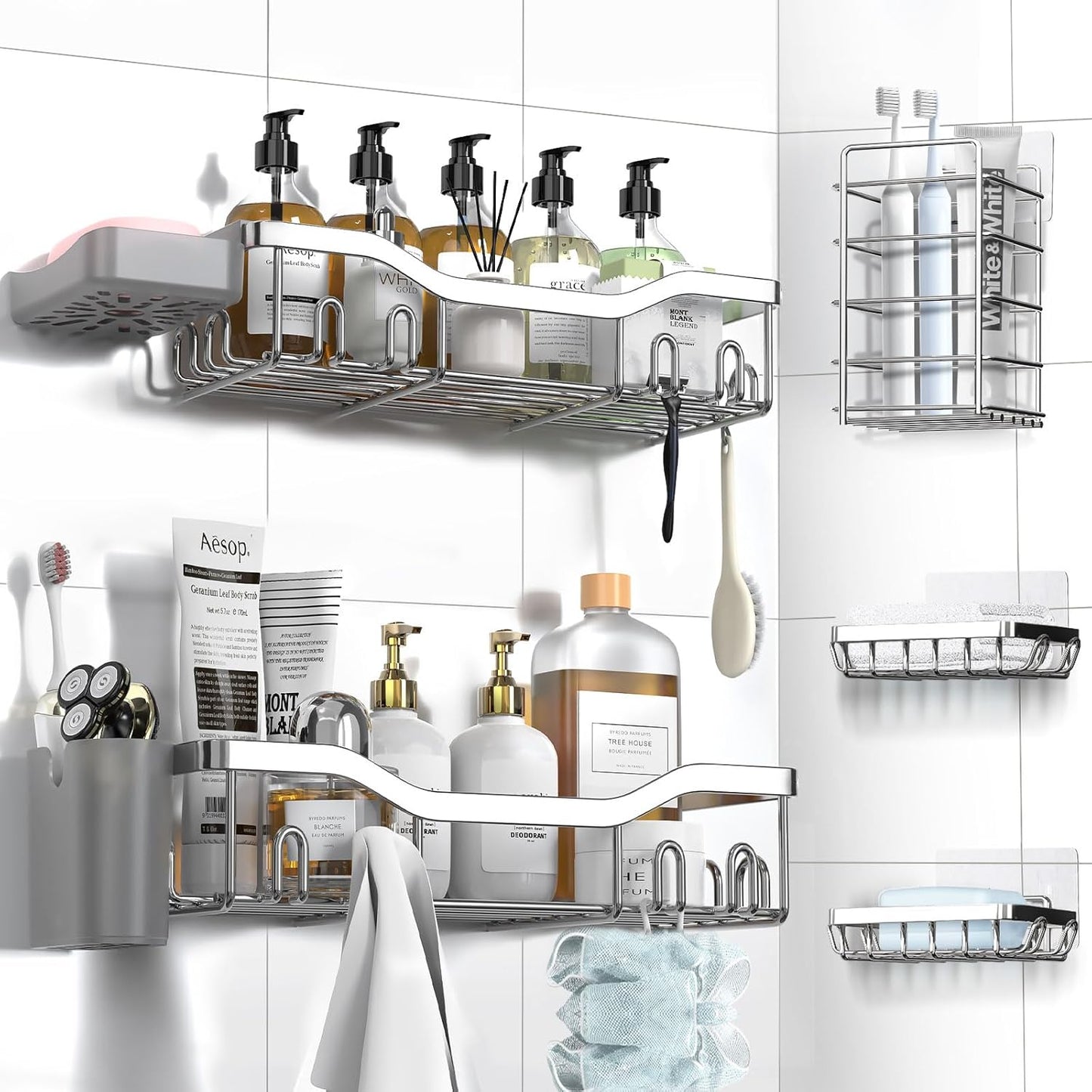 Shower Caddy Adhesive Shower Organizer 7-Pack, No-Drill Rack Storage Accessories