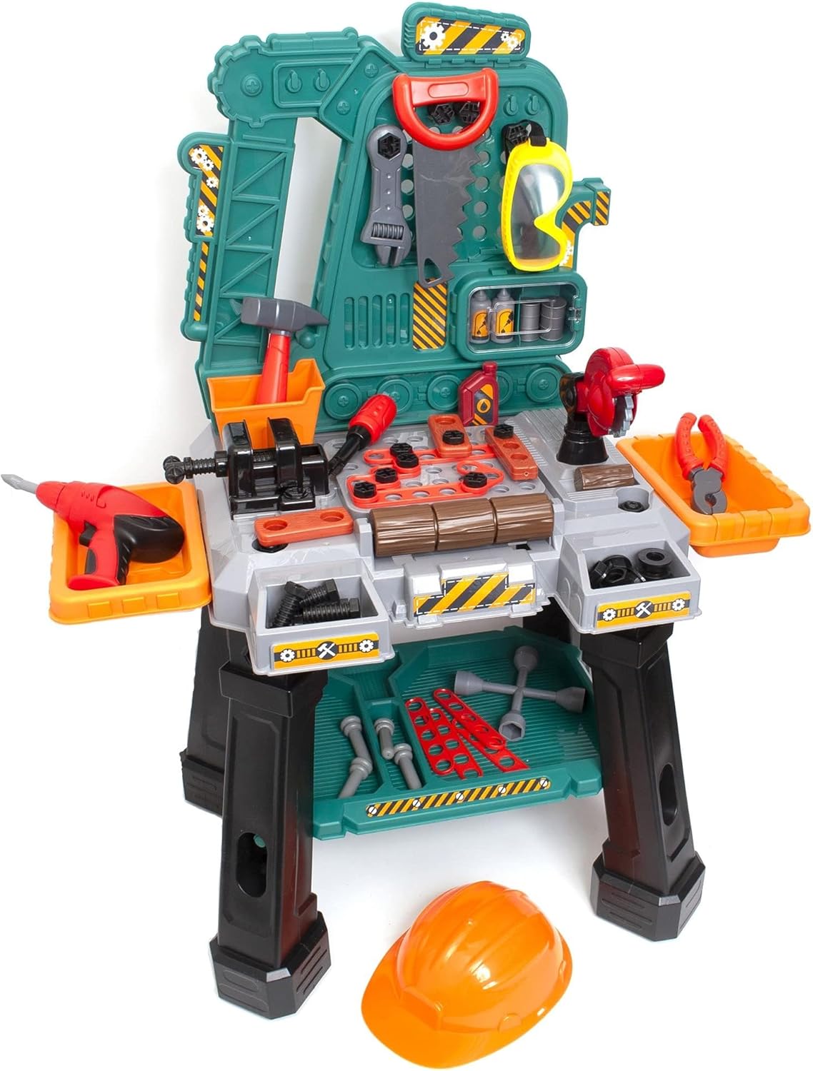 OMOMMD Kids Workbench Construction Toy, Pretend Play Tool Set with 80 Pieces, Educational Interactive Playset, Play Helmet & Safety Goggles, for Ages 3 and Up, Multicolor, Medium