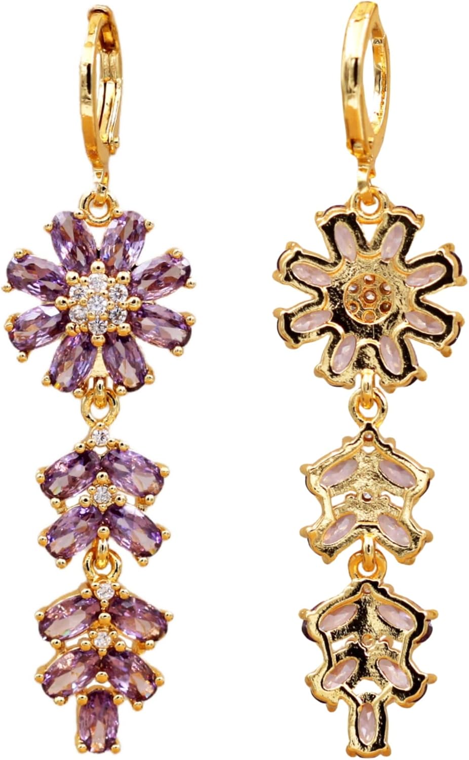 Vuskdtei18K Gold Plated Flower Dangle Earrings for Women, Hypoallergenic Cubic Zirconia Earrings, Elegant Chandelier Drop Earrings