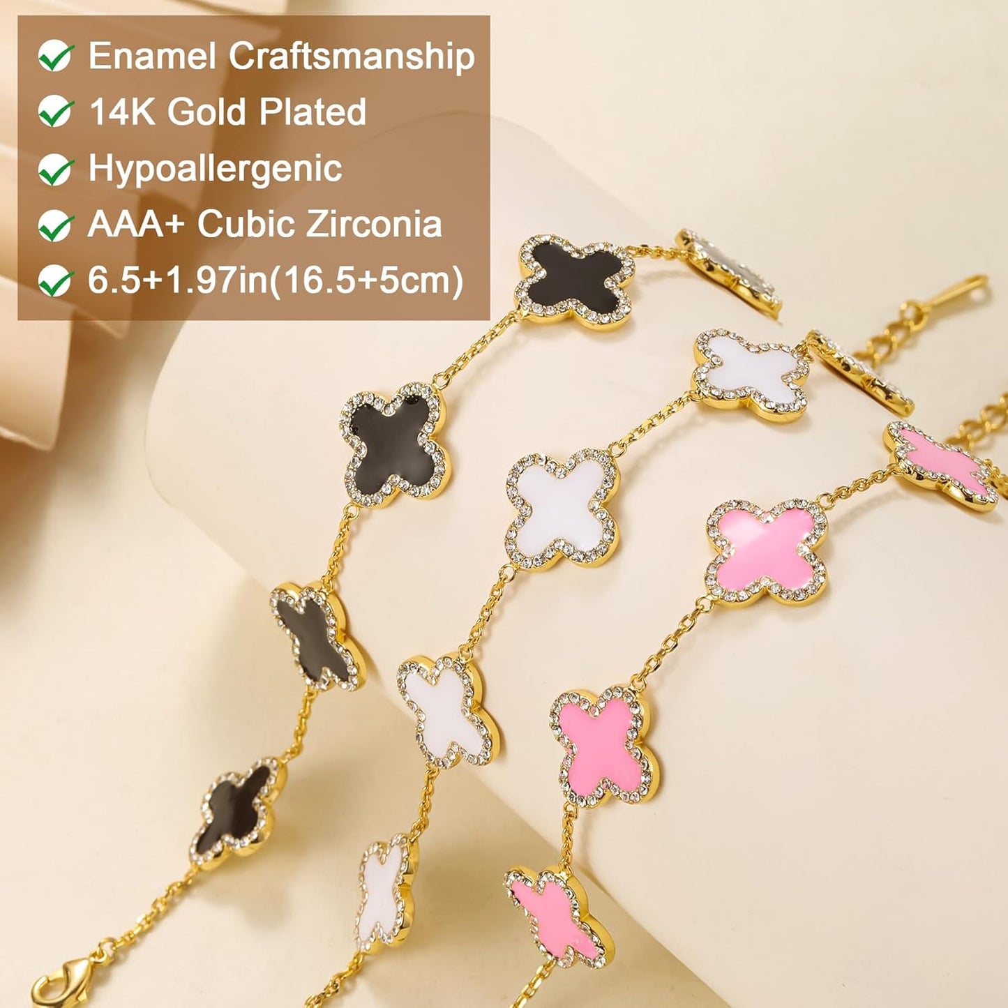 Qitian Clover Bracelet for Women 18K Gold Four Leaf Pink Lucky Link Clover Bracelets, Trendy Bracelets Set Jewelry