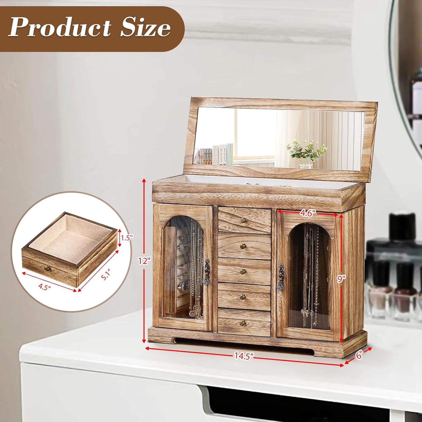 5 Layer Jewelry Storage Case Display, Rustic Wooden Jewelry Organizer Box with Mirror
