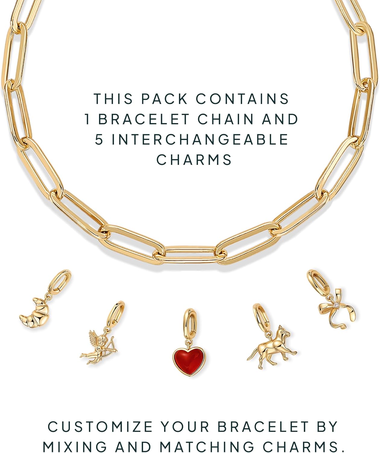 14K Gold Plated Adjustable Bracelet for Women | Twisted Bar & Paperclip Charm Chain Bracelets with Moon, Evil Eye
