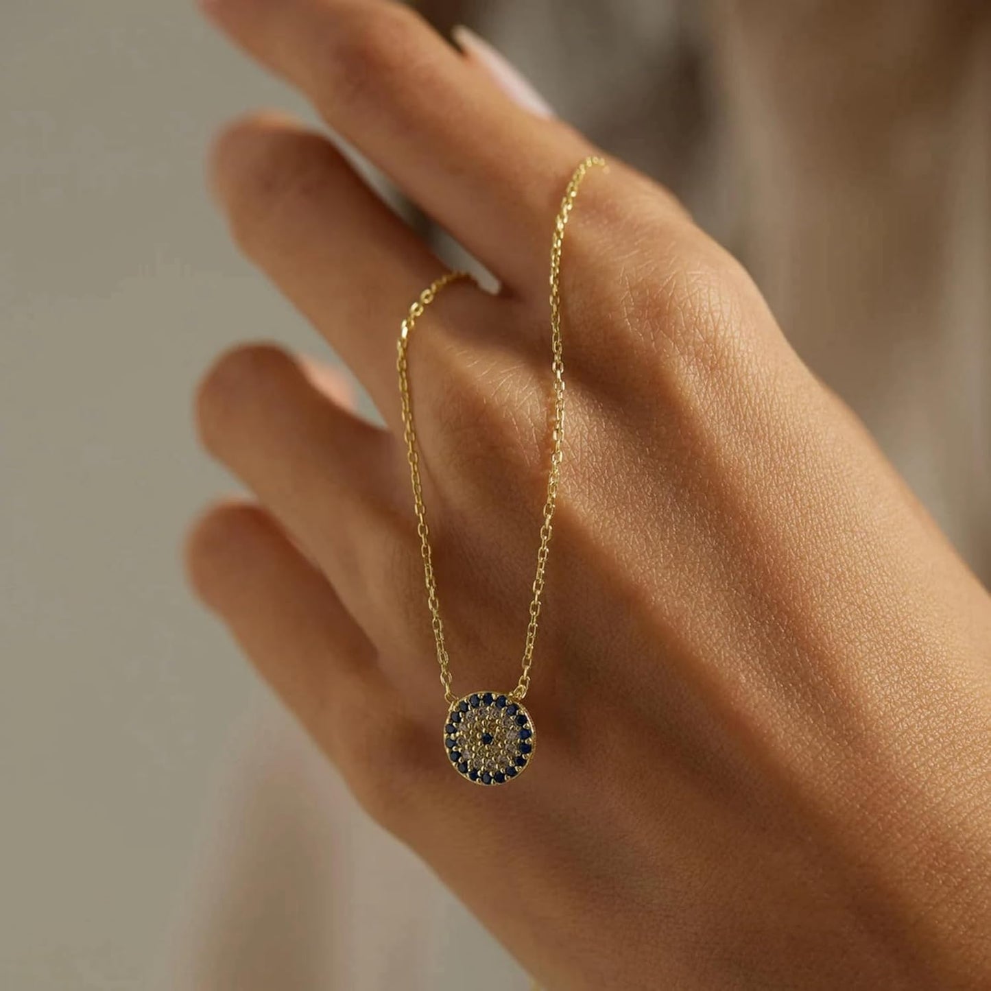 Evil Eye Necklace: 14K Gold Plated Blue CZ Diamond Boho Pendant for Women, Protection Gift